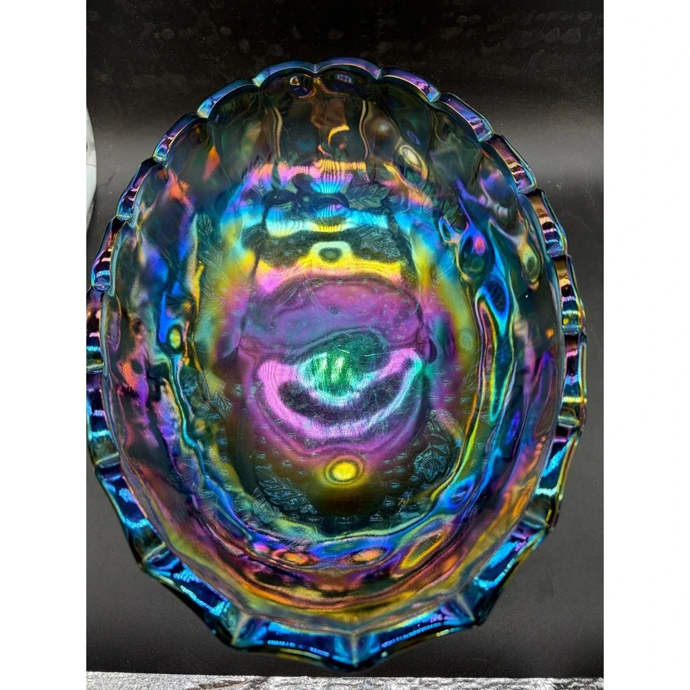 Vintage Indiana Glass Harvest Grape Blue Carnival Glass Footed Oval Bowl 12.5in
